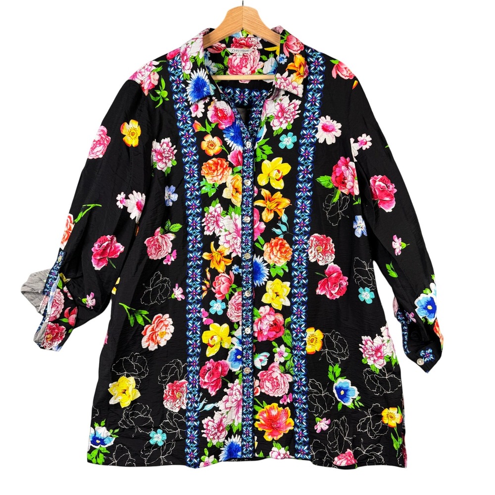 John Mark Black Floral Border Print Button Front Blouse Top J25434BM Large NWT